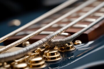 Guitar strings stretched across the fretboard express musical harmony and precision in a vibrant...