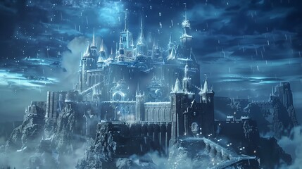 Fototapeta premium A fantasy image of a large, elaborate castle with snow-covered towers perched high on a mountaintop with a blue sky overhead and light rain falling.