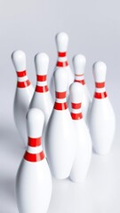 Group of bowling pins skittles with red stripes on clear background, spare, sport