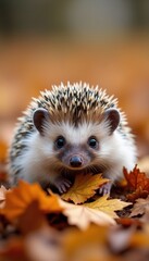 Cute hedgehog curled up on a bed of fallen autumn leaves with a curious expression.