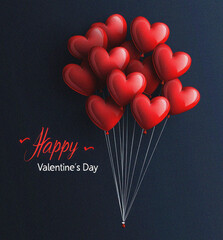 Happy Valentine's Day black background with red heart-shaped balloons illustration banner template design with noise texture for valentine's theme background.