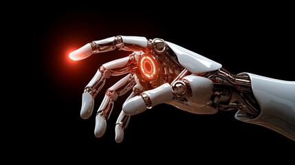 Naklejka premium Robotic Hand Reaching Towards Innovation in AI Technology Futuristic Lab Digital Art Tech Environment Close-Up Automation Concept