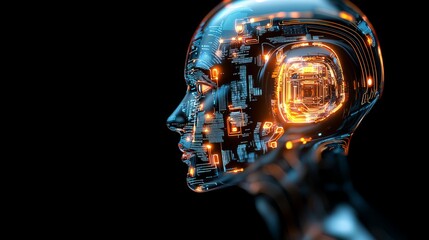 Exploring AI Innovations Female Robot Head with Circuitry Futuristic Tech Environment Digital Artwork Close-up Viewpoint Conceptual Design