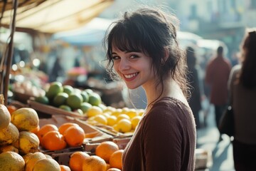 A smiling market vendor amidst vibrant fruits, embodying the warmth and charm of a bustling local market scene.