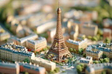 A miniature model of the Eiffel Tower stands amid bustling city life, capturing the iconic Parisian charm on a sunny day.
