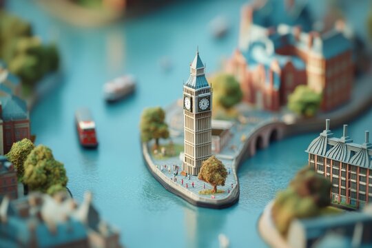 Miniature depiction of London's iconic landmarks, with a focus on the intricate details of Big Ben, surrounded by rivers and tiny buildings.