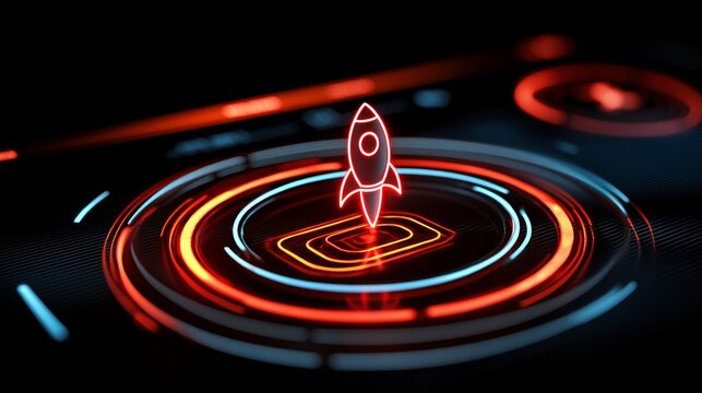 Innovative Neon Rocket Launch Startup Event Virtual Space Digital Art Futuristic Environment High-Tech Viewpoint