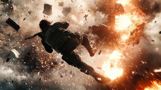 A man is jumping through a fiery explosion in a movie