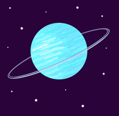 Uranus planet in cartoon color style. Solar system space object on deep sky background.  Detailed drawing for posters, decoration, print