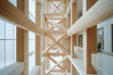 Obraz premium A majestic wooden structure, characterized by crisscrossing beams and large glass panels, forms an airy, sunlit atrium inviting exploration and reflection.