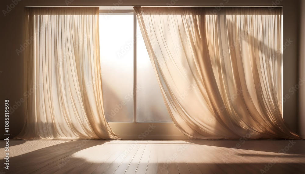 Poster  Light filters through sheer curtains, casting subtle shadows on a textured wall in an e_1(381)