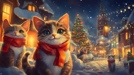 Christmas Cats in a Festive Village Scene  
