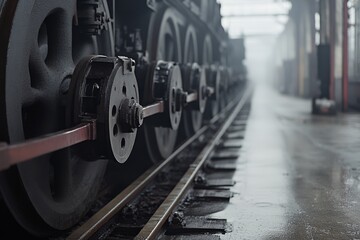 Fototapeta premium A close-up of train wheels gliding on tracks within a misty, industrial train yard, evoking strength and timeless transportation.
