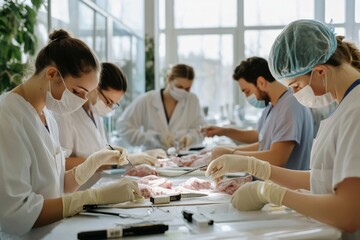 A team of medical professionals engages in a meticulous procedure, reflecting precision and cooperation in a well-lit laboratory.