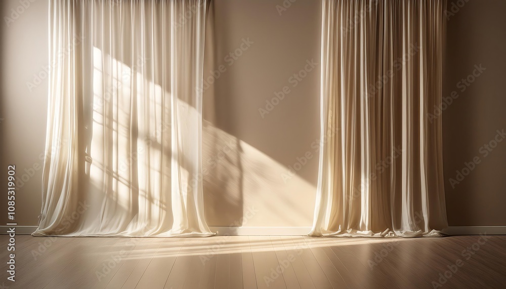 Poster  Light filters through sheer curtains, casting subtle shadows on a textured wall in an empty_1(380)
