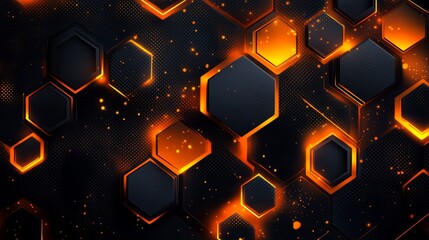 Abstract design featuring glowing orange hexagons on a dark background with sparkling elements creating a dynamic visual effect