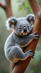 Cute koala hugging a eucalyptus tree branch with a peaceful expression.