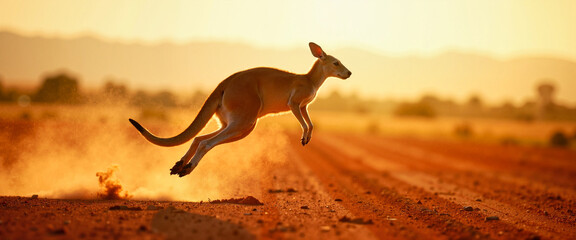 Fototapeta premium Kangaroo leaping across dusty outback at golden sunset