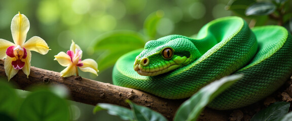 Fototapeta premium Green tree python resting on branch with orchids