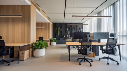 Modern Office Interior Design  Open Plan Workspace  Wooden Walls  Ergonomic Chairs