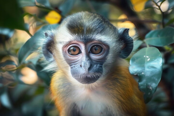 Obraz premium A curious monkey gazing through lush foliage in a tropical forest at midday