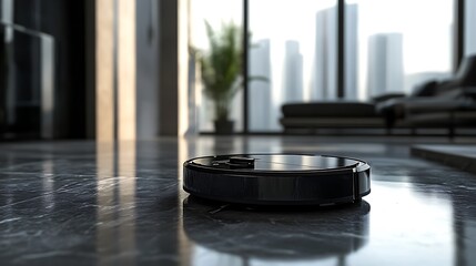 Obraz premium Robotic Vacuum Cleaner in Action on Hardwood Floor Surface Image