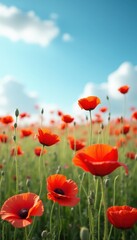 Serene field of poppies swaying gently under a bright blue sky.