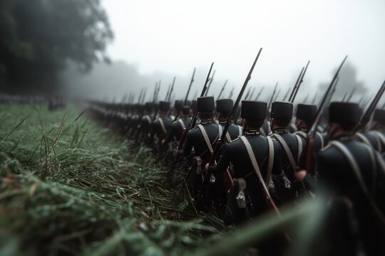 Soldiers in dark green uniforms march through misty fields, a scene echoing unity and rigorous historical chronicles.