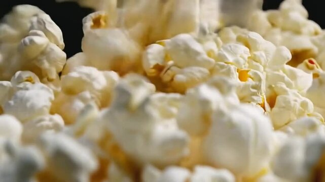 Popcorn fall, close-up. Popcorn is a delicious, light snack made from corn kernels that puff up when heated. It's perfect for movie nights, parties, or casual snacking. 
