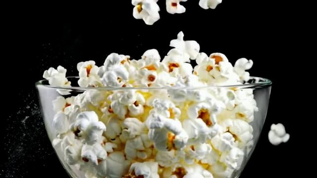 Popcorn fall in a glass bowl. Popcorn is a delicious, light snack made from corn kernels that puff up when heated. It's perfect for movie nights, parties, or casual snacking. 