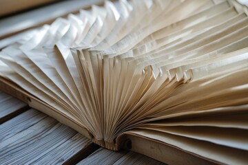 A hardcover book opened halfway lies flat, its pages fanned out in a mesmerizing spiral, creating a sense of movement and rhythm.