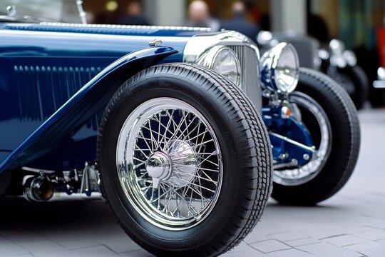 The chrome wheels of a classic vintage car shine brilliantly, showcasing the elegance and sophisticated detail of a bygone automotive era.