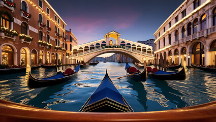 Fototapeta premium Gondolas on canal at sunset, under Rialto Bridge, Venice.