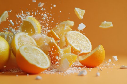 Burst of citrus zest and energy as a collection of lemons dramatically explode against a vibrant orange backdrop, capturing freshness and vitality.