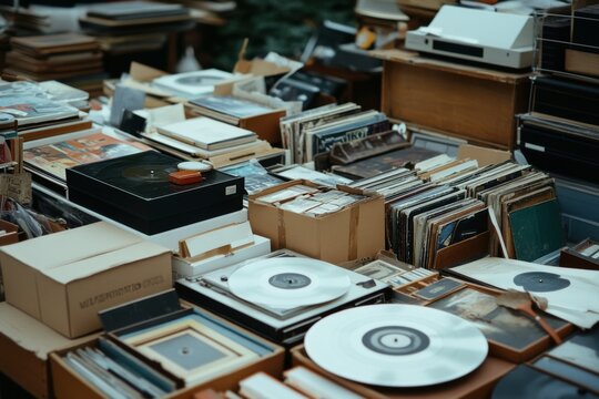 A sprawling collection of vintage vinyl records and albums covers a tabletop, resonating with tales of music history and passionate collectors.