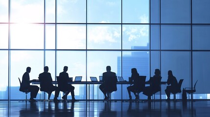 Business Meeting Silhouette in Modern Office Space with Cityscape and Natural Light Streaming Through Large Windows