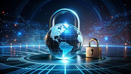 Digital Security Concept Featuring a Globe Surrounded by a Lock, Emphasizing Cybersecurity and Data Protection in a Modern Digital World for Stock Photography Use