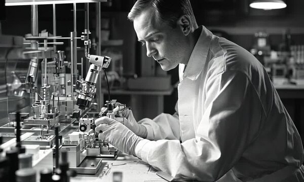 A Man in a Lab Coat Uses a Microscope