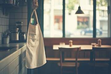 A white apron hangs beside a sunlit window in a cozy cafe, hinting at stories of culinary adventures and shared moments within a homely ambiance.