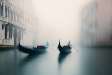 Two gondolas drift serenely through a foggy Venetian canal, creating a dreamlike scene that evokes romance and mystery.