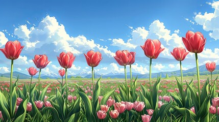 Fototapeta premium Field of colorful tulips in full bloom during springtime
