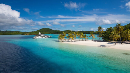 Luxury Yacht at Tropical Island Beach  Clear Water  Palms  Vacation