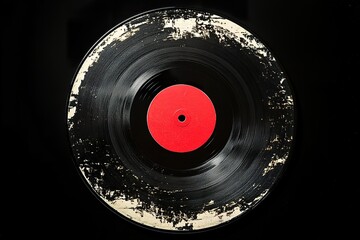 Obraz premium Vintage Vinyl Record, Retro Music, Grunge Texture, Red Label, Dark Background, Antique Style
