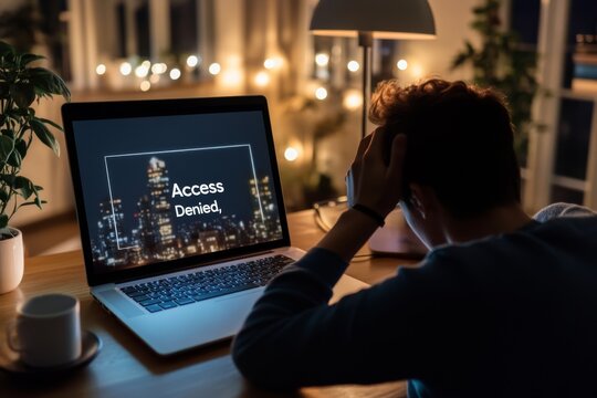 A person in front of a laptop displaying an "Access Denied" message in a dimly lit room, conveying frustration and suspense.