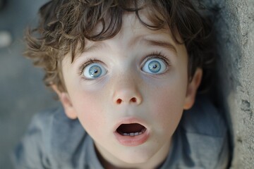 Astonished Child Gazes Upward with Bright Blue Eyes
