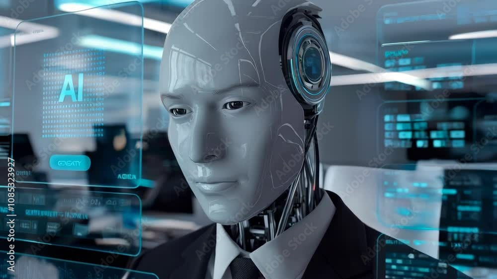 Poster a humanoid robot in a business setting, surrounded by digital interfaces displaying ai data.