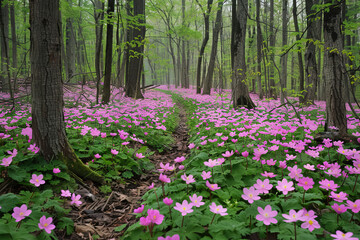 A vibrant field of forest anemones blooming along a tranquil woodland path in early spring