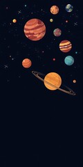 Illustration of solar system with colorful planets on dark background, system, stars