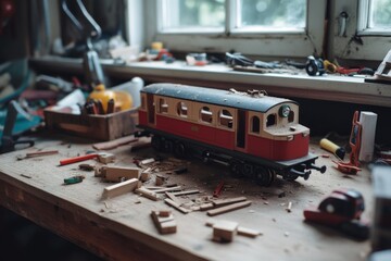 A workbench cluttered with tools surrounds a handcrafted model train beside a sunlit window, embodying creativity and attention to detail.
