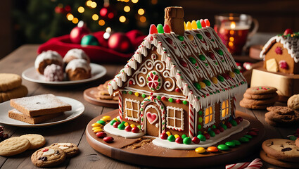 Fototapeta premium Illuminated gingerbread house surrounded by cookies and sweets on a wooden table with a blurred Christmas background.